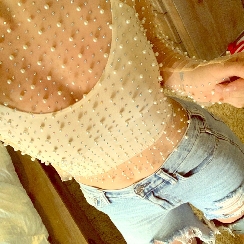 Sheer pearl and rhinestone top 🌟